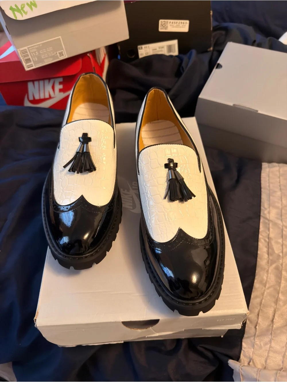Men's Black & White Tassel Loafers